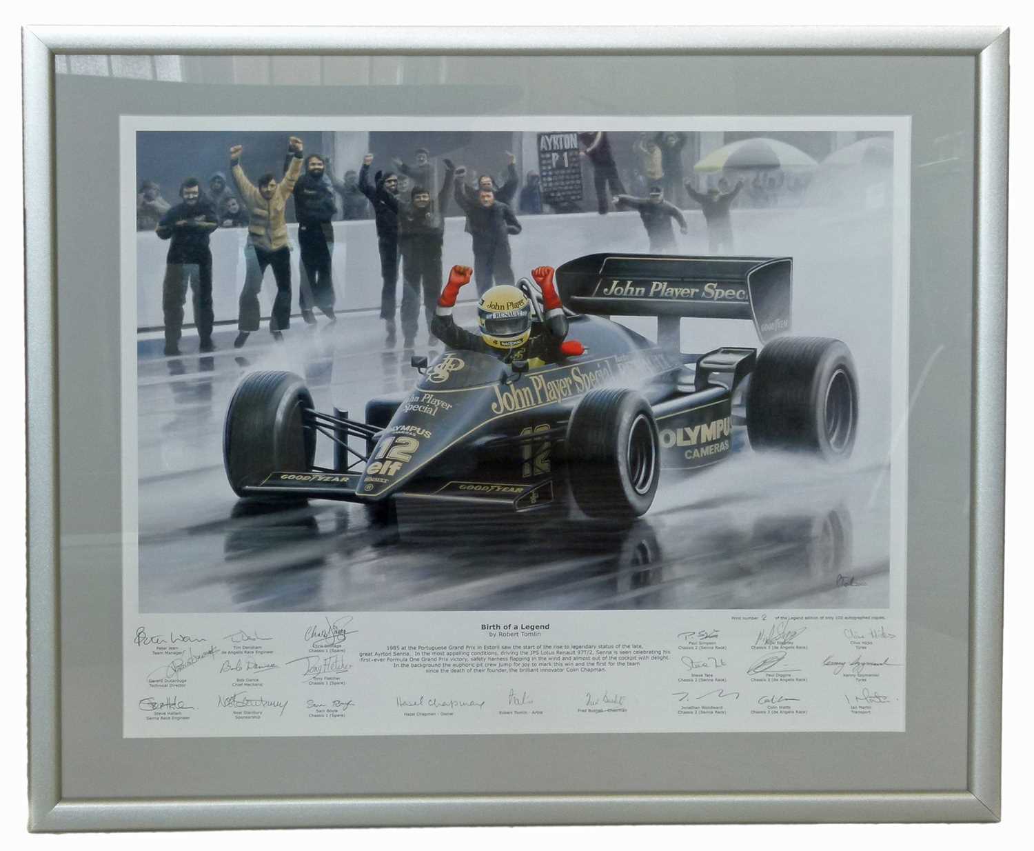 Lot 9 - "Birth of a Legend" Senna in JPS Lotus, signed by the race team.