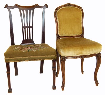 Lot 166 - George III mahogany Chippendale style single chair with tapestry seat and a 19th century French single chair.