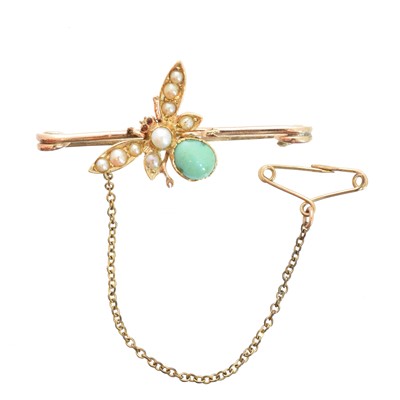 Lot 14 - An early 20th century turquoise and split pearl bug brooch