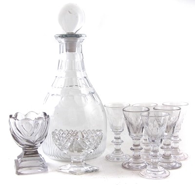 Lot 234 - Georgian glass decanter, set of six glasses and two salts.