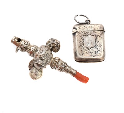 Lot 221 - A silver and coral rattle and a silver vesta