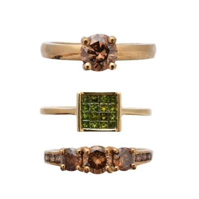 Lot 221 - Three 9ct gold colour treated diamond dress rings
