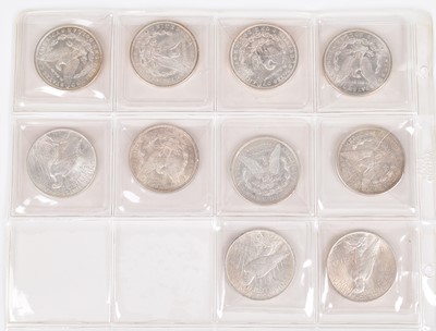 Lot 4 - One sheet of silver Morgan and Peace Dollars (10).