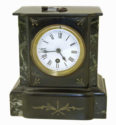 Lot 138 - Edwardian 8-day mantel clock, white enamel dial, slate case.