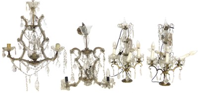 Lot 332 - Two three-branch cut glass electric pendant chandeliers and lamps.