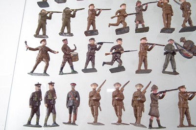 Lot 222 - Eighty six WWI metal British Infantry soldiers by J. Hill and Co and other makers, also Seven mounted soldiers.