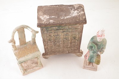 Lot 28 - Ming period Chinese pottery figure, a chair and a model wardrobe / cabinet