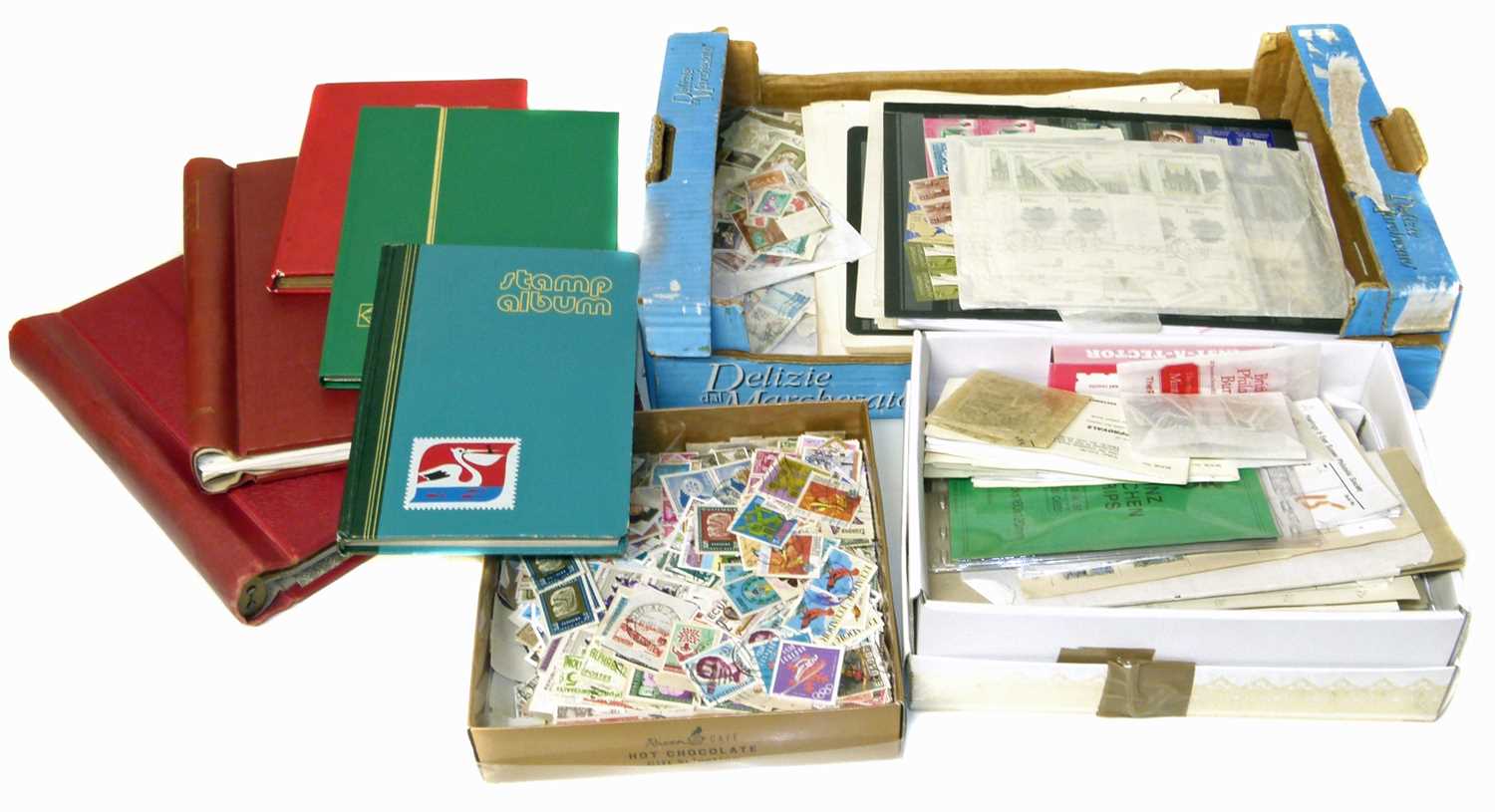 Lot 91 - All World stamp collection in carton with 2 albums, 2 stockbooks stamps on leaves