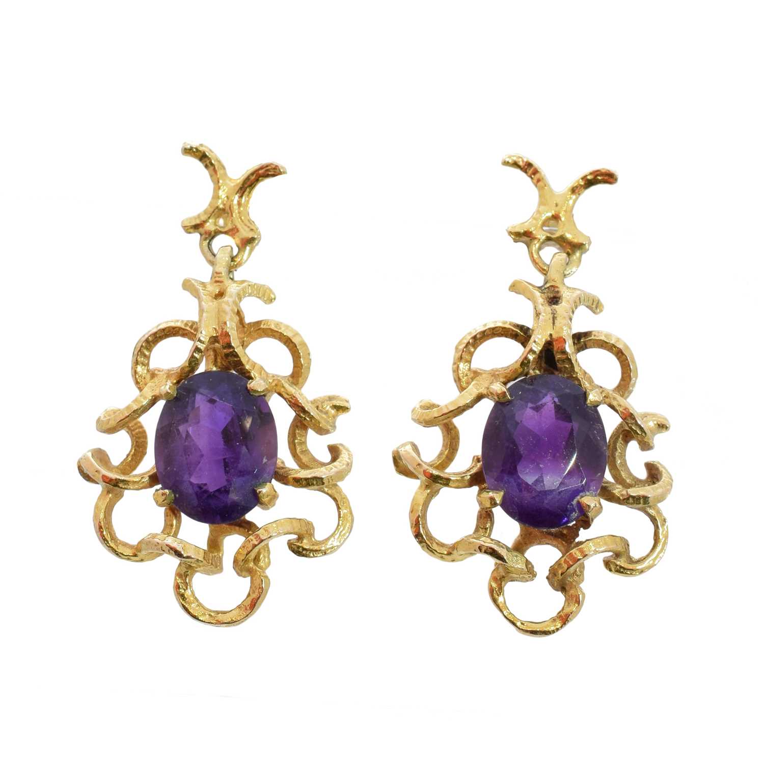 Lot 80 - A pair of 9ct gold amethyst earrings by Deakin & Francis