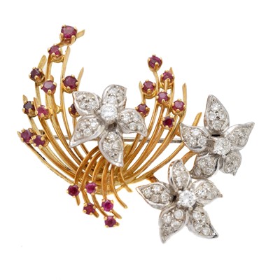 Lot 59 - A 1960s 18ct gold diamond and ruby brooch by Ben Rosenfeld