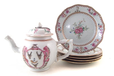 Lot 38 - Chinese Armorial porcelain teapot and five plates.