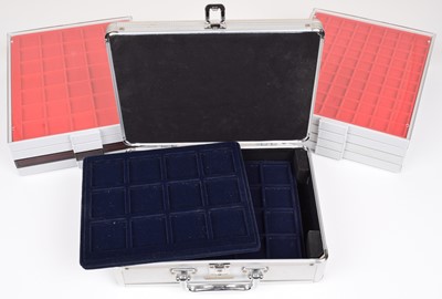 Lot 110 - Eight Lindner acrylic stackable coin slide out trays and aluminium coin case (9).
