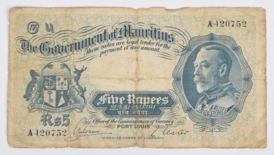 Lot 32 - King George V, Five Rupees, Mauritius banknote, very rare.