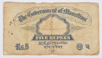 Lot 32 - King George V, Five Rupees, Mauritius banknote, very rare.