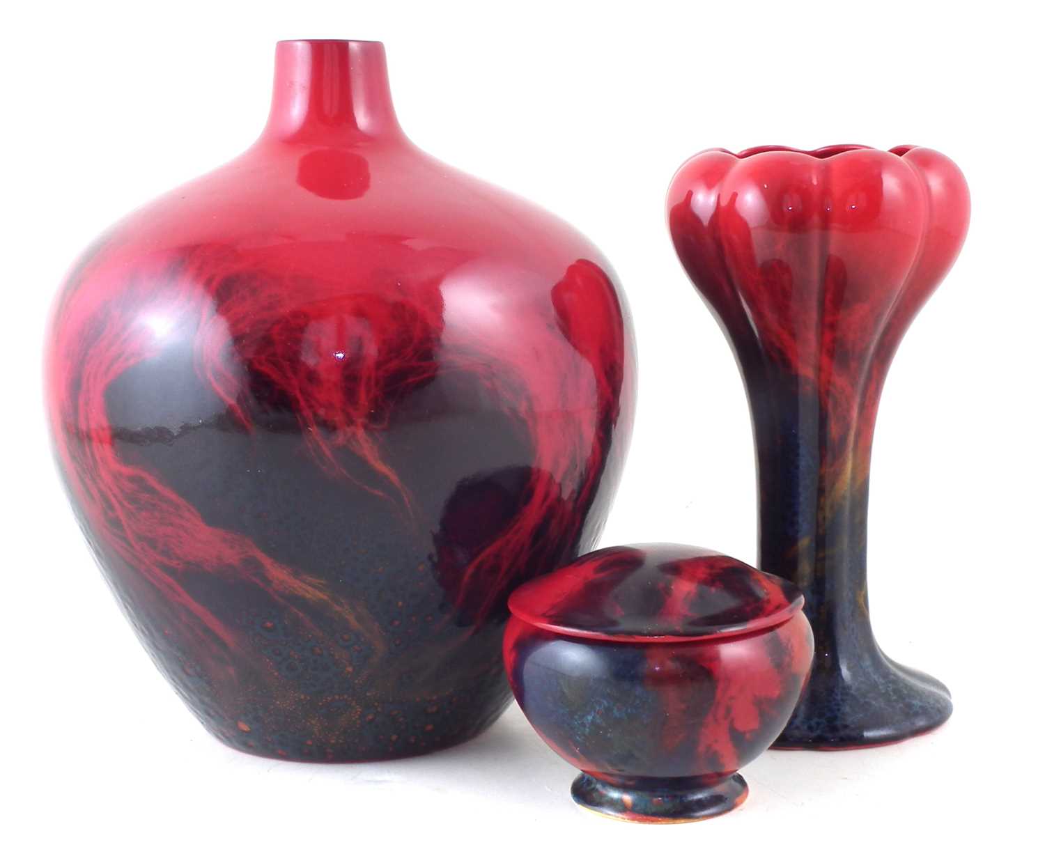 Lot 117 - Two Royal Doulton Flambe vases and a bowl