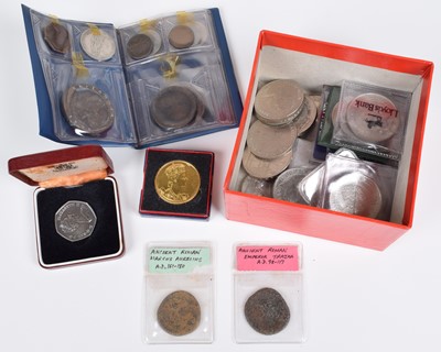 Lot 16 - An assortment of historical/ world coinage to include cased Royal Mint Silver Proof Crowns.