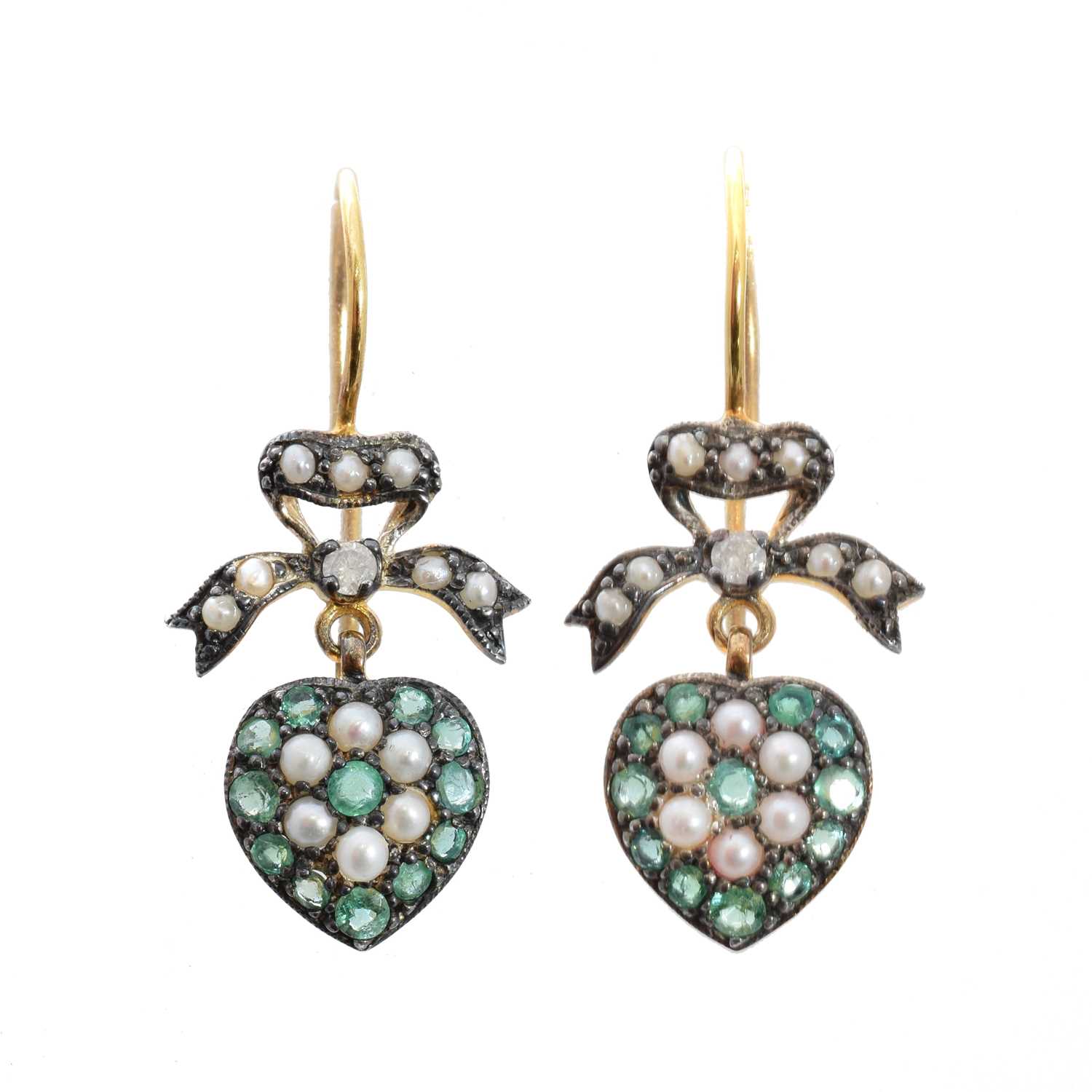Lot 78 - A pair of emerald, seed pearl and diamond earrings