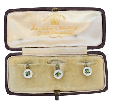 Lot 246 - A cased set of early 20th century enamel and mother of pearl dress studs