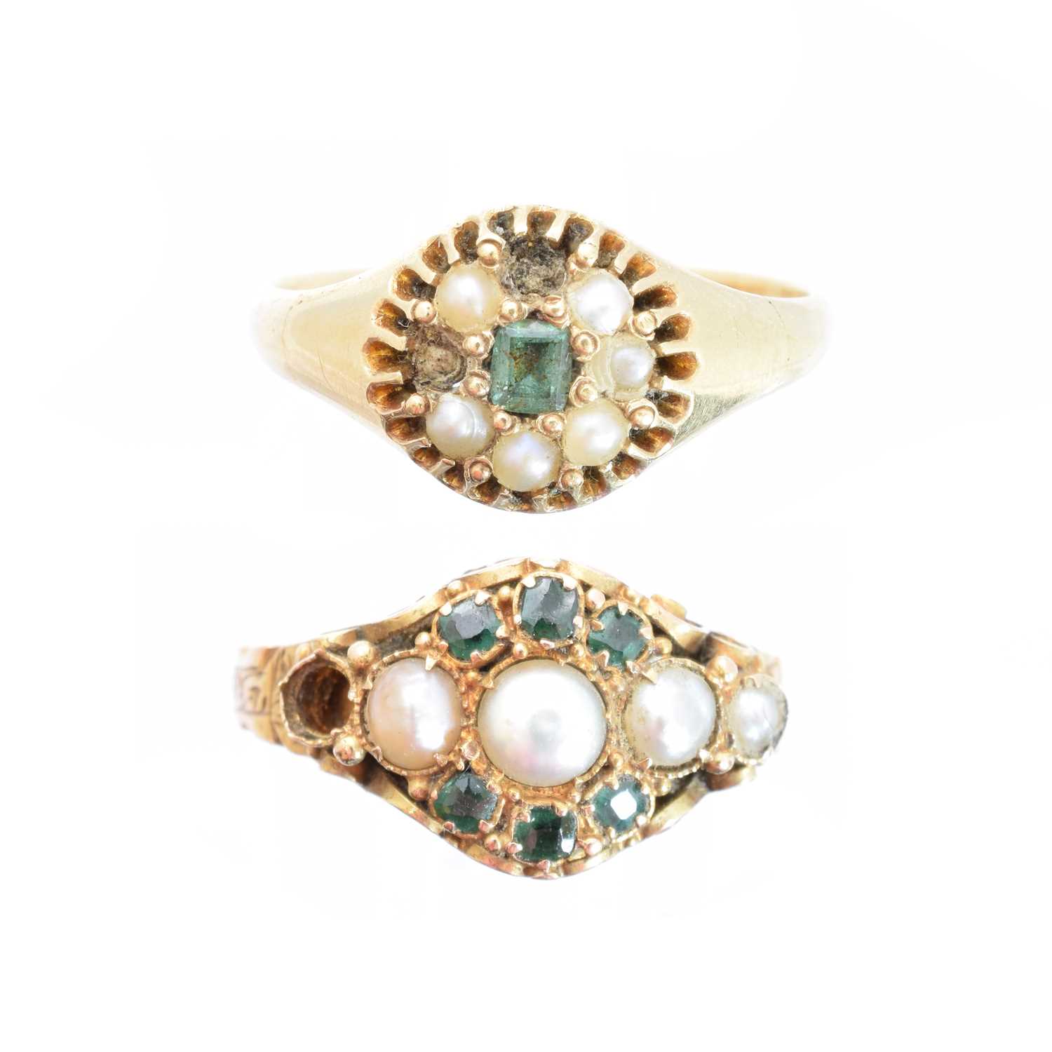 Lot 138 - Two 18ct gold green gem and split pearl dress rings