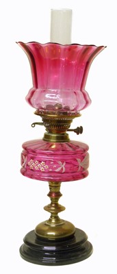 Lot 335 - Victorian ruby glass oil lamp