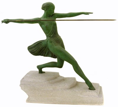 Lot 181 - 20th-century French white metal, green painted figure of a Javelin thrower