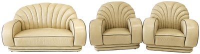 Lot 207 - Art Deco design three piece suite comprising a two-seater sofa and two chairs