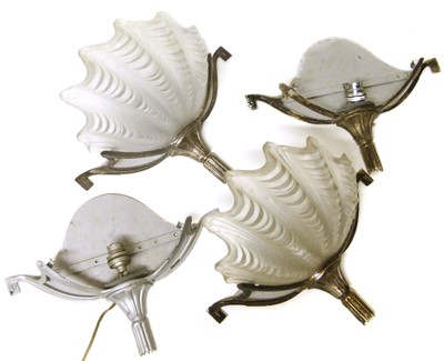 Lot 199 - Two frosted glass clam shell wall lights