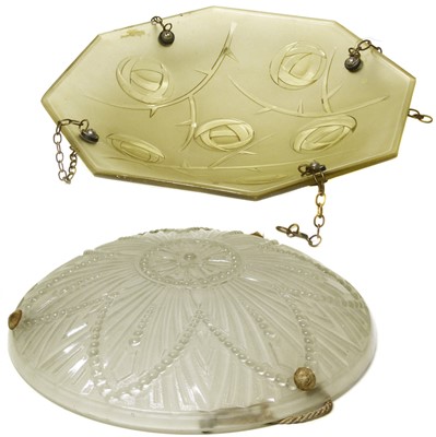 Lot 196 - French amber-tinted pressed glass ceiling light bowl and one other.