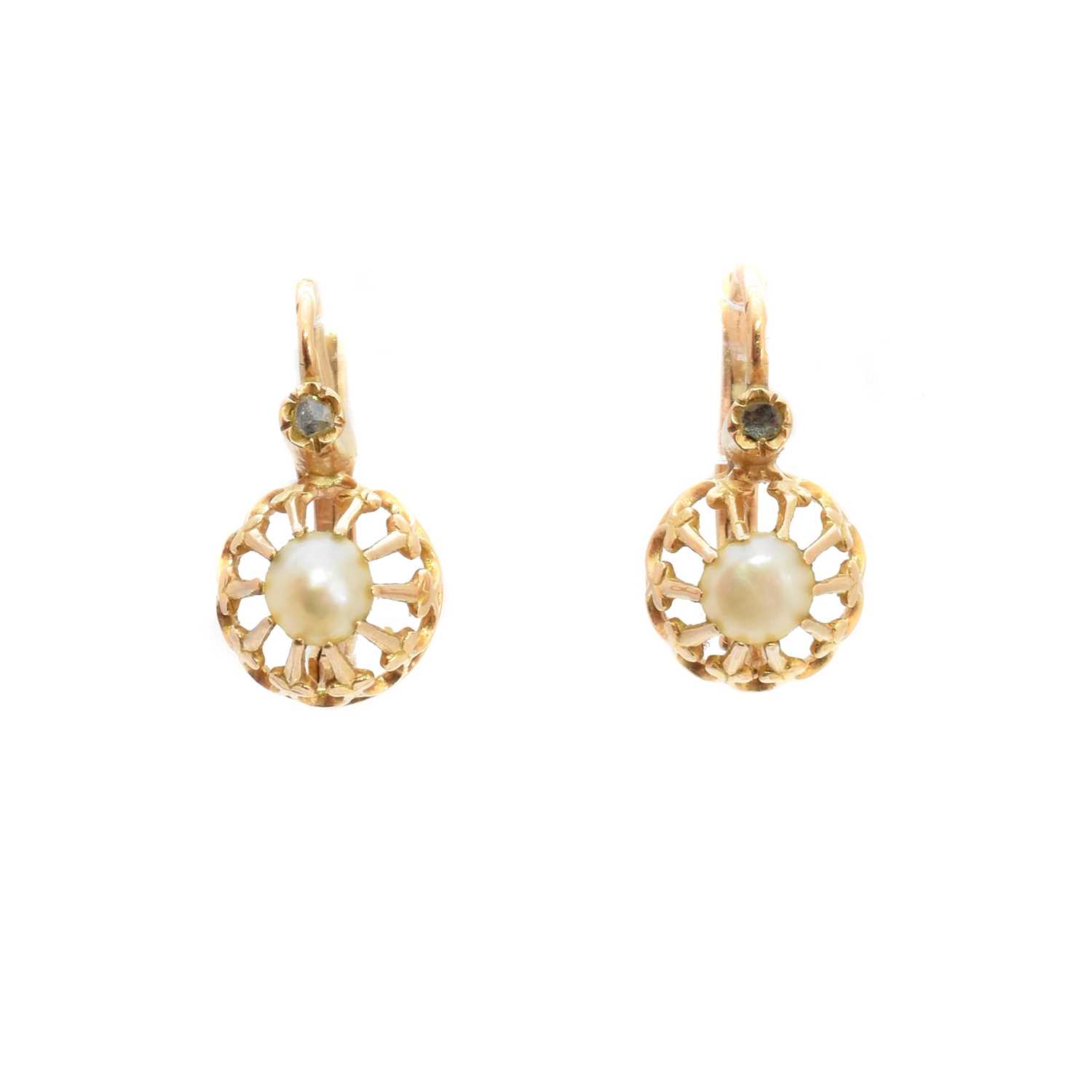 Lot 43 - A pair of 18ct gold pearl and diamond earrings
