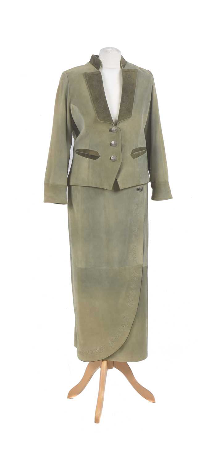 Lot 86 - A green suede suit by Suzanne Sharee
