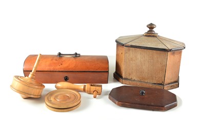 Lot 340 - George III mahogany tobacco box, spinning top and pencil box