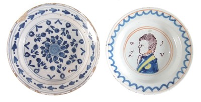 Lot 240 - Two small Delft plates one painted with a portrait of King William