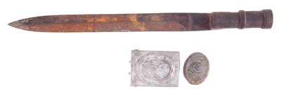 Lot 292 - WWII bayonet, belt buckle, and wound badge