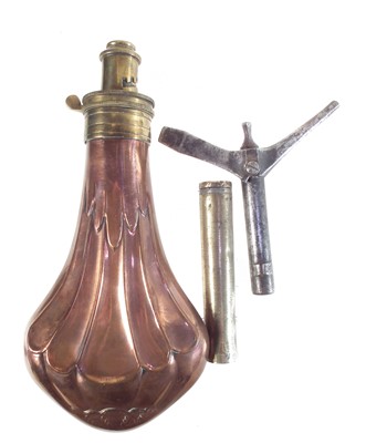 Lot 215 - Powder flask, Enfield Sergeants tool, and a Lee Enfield brass oil bottle.