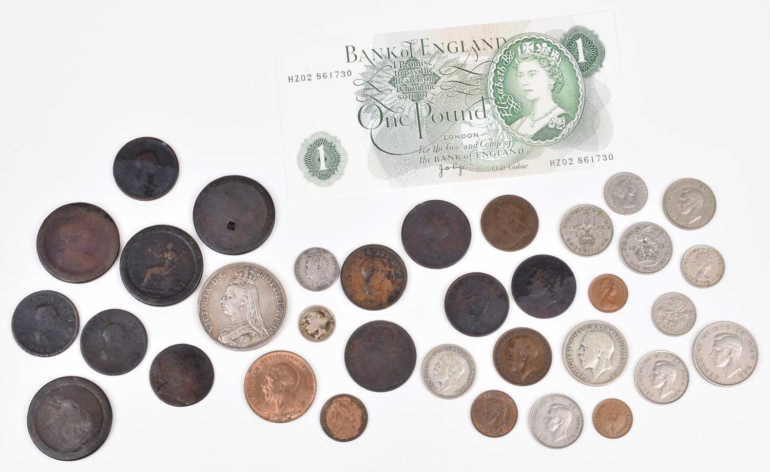 Lot 74 - An assortment of various historical coinage and a One Pound banknote.