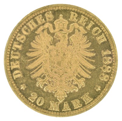 Lot 98 - German States, Prussia, Frederick III (March 1888-June 1888), 20 (Twenty) Mark, 1888, gold, EF.