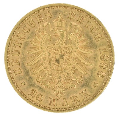 Lot 99 - German States, Prussia, Wilhelm I (1861-1888), 20 (Twenty) Mark, 1888, gold, EF.