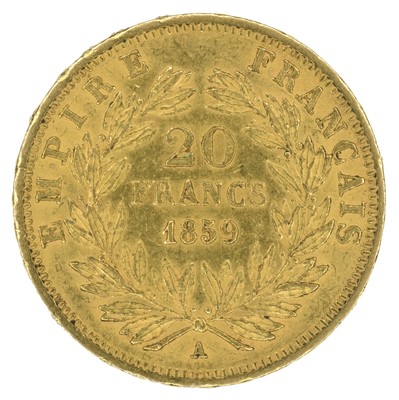 Lot 95 - France, President Napoleon III, 20 Francs, 1859, gold, weight 6.5g, VF.