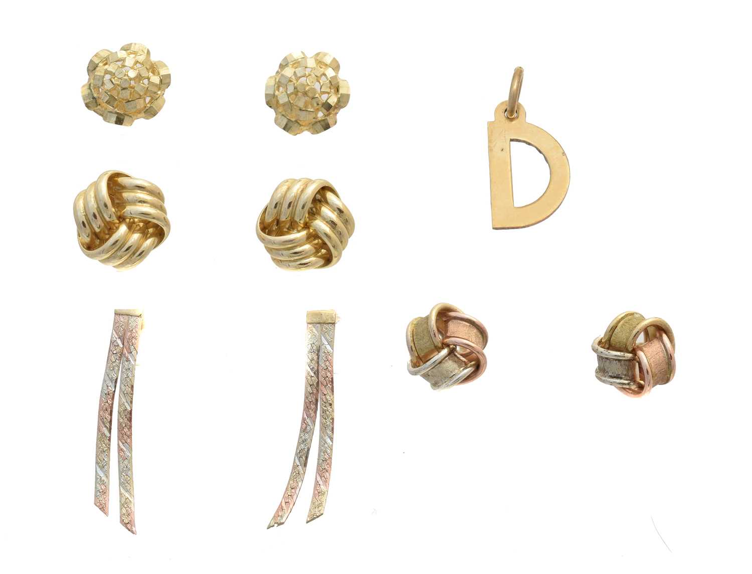Lot 21 - Four pairs of 9ct gold earrings and a D charm