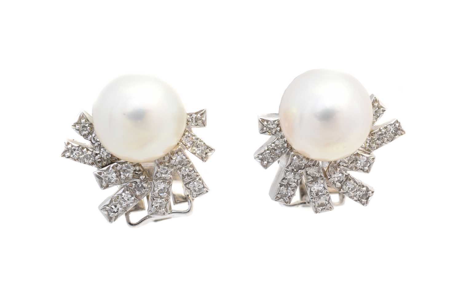 Lot 43 - A pair of cultured pearl and diamond earrings