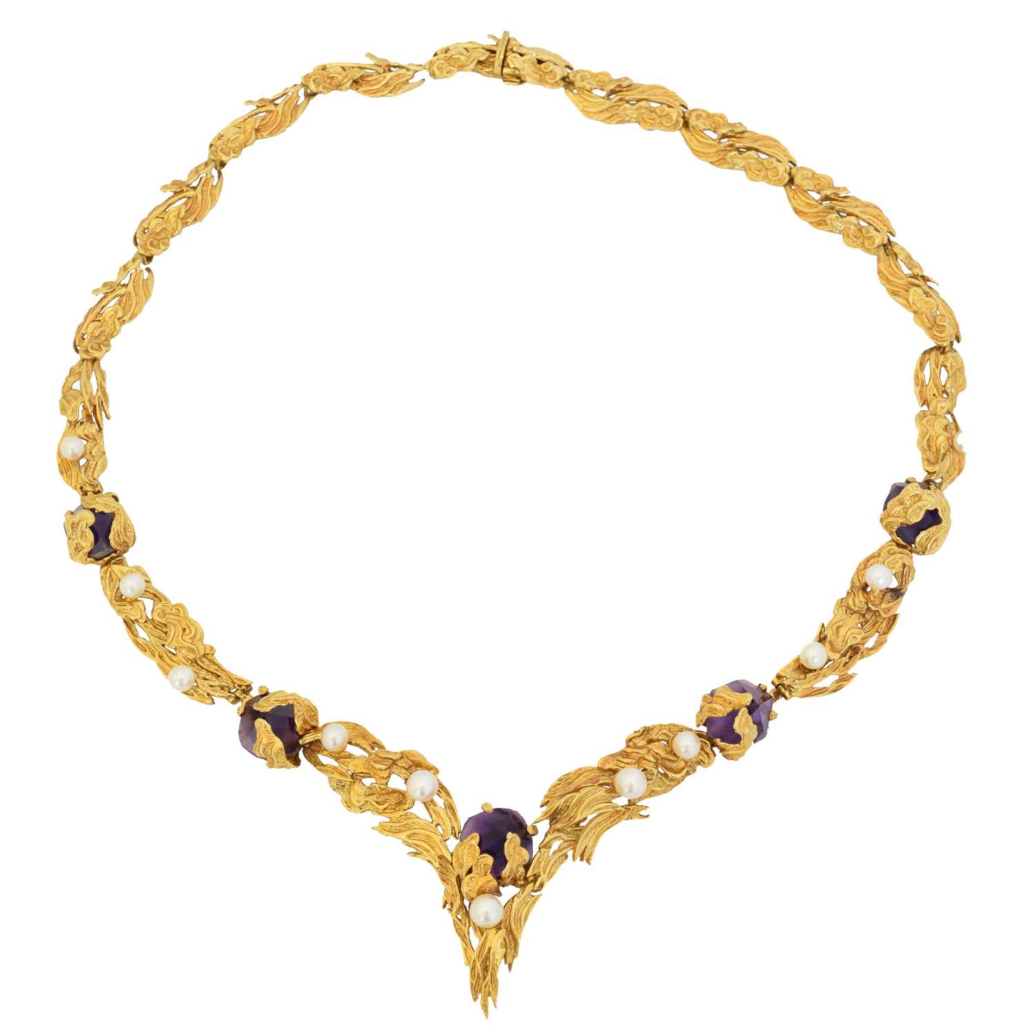 Lot 69 - A 1960s 18ct gold amethyst and cultured pearl necklace by Grossé