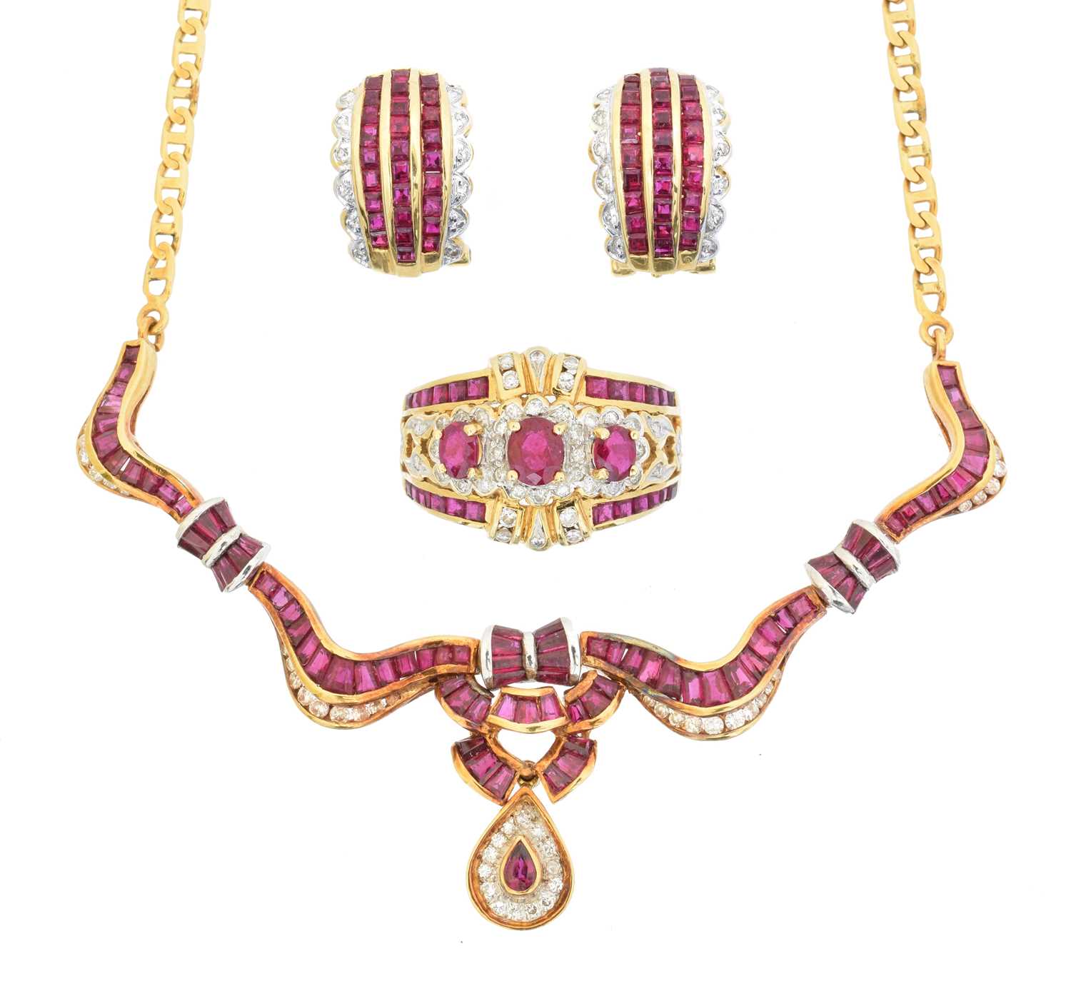 Lot 71 - A ruby and diamond suite of jewellery