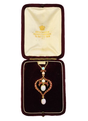 Lot 65 - An early 20th century enamel opal and diamond pendant by Mrs Newman