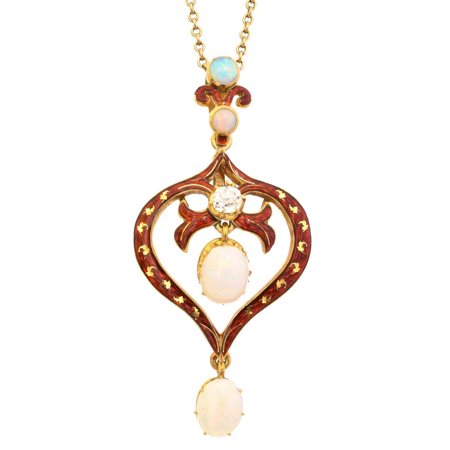 Lot 65 - An early 20th century enamel opal and diamond pendant by Mrs Newman