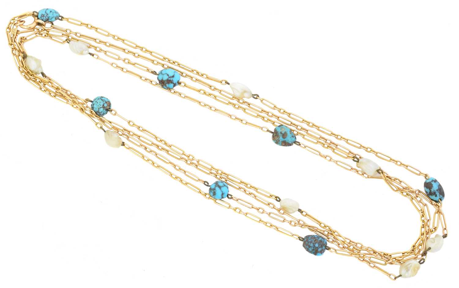 Lot 90 - An early 20th century turquoise and pearl longuard chain