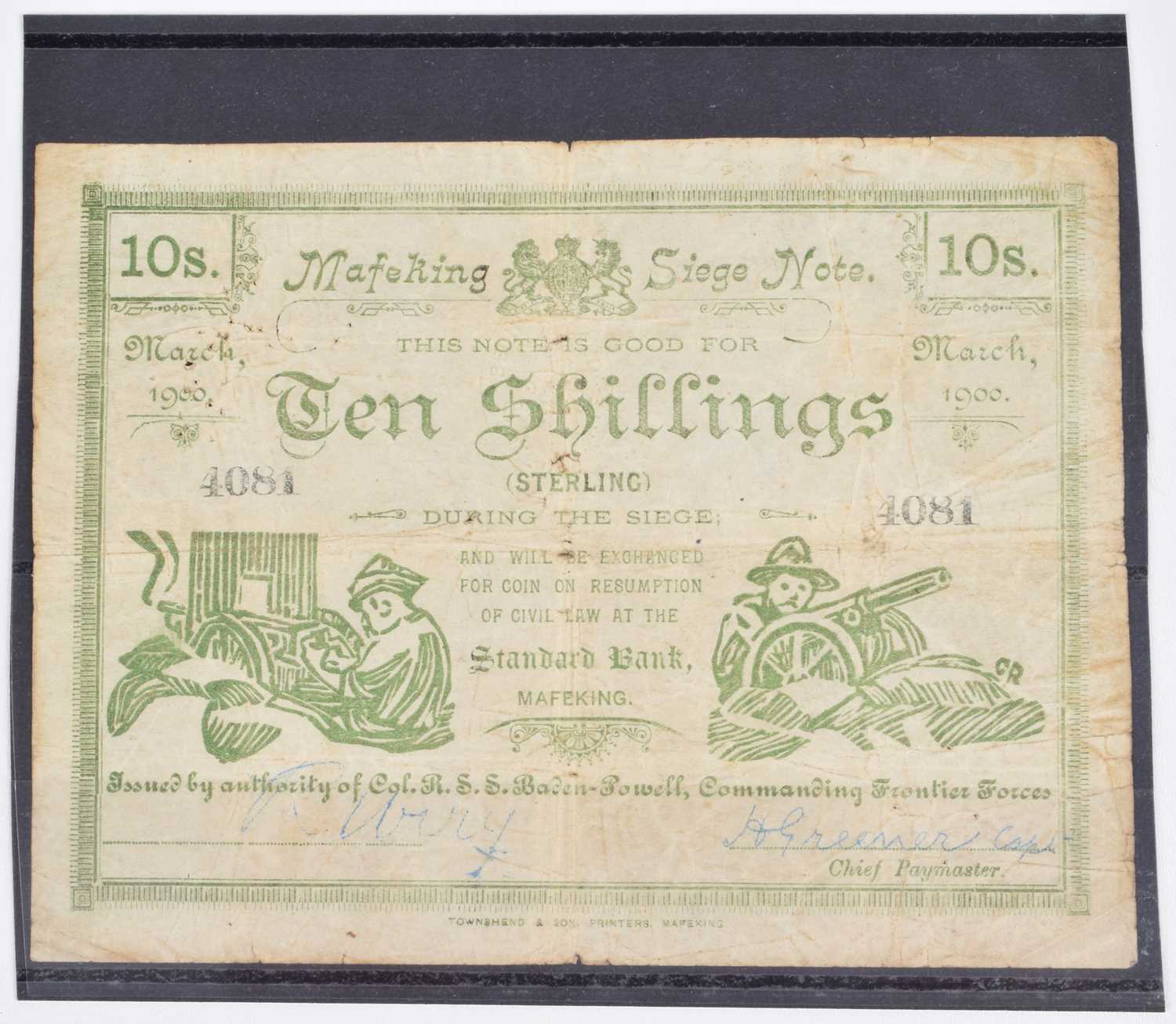 Lot 82 - A Mafeking Siege Ten Shillings banknote, March 1900.