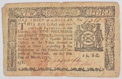 Lot 83 - New York Colonial Currency, One Third Dollar, 1776.