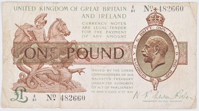 Lot 76 - First Fisher Issue (September 1919) One Pound banknote.