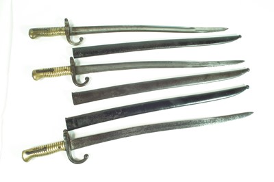 Lot 42 - Three Chassepot M1866 bayonets and scabbards