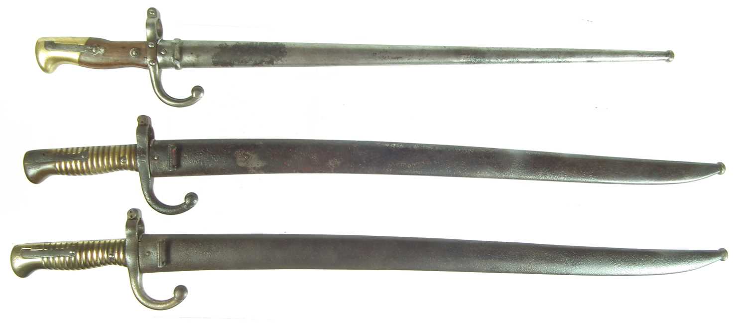 Lot 102 - Two Chassepot M1866 and a Gras M1873 bayonets and scabbards